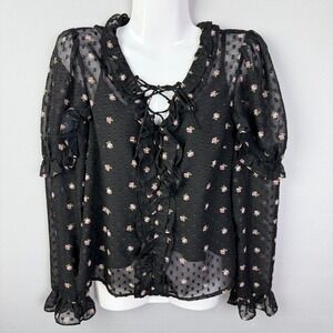 Sheer‎ Floral Lace Up Ruffle Trim Blouse Black Pink Bohemian Top